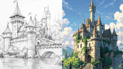 Sketch and colorful painting of a fairytale castle with towers, surrounded by nature. Ideal for fantasy, art, and architectural themes.