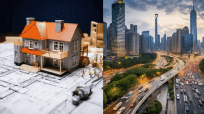 Model house on blueprints next to a bustling cityscape with skyscrapers and a busy highway, representing urban and residential planning.