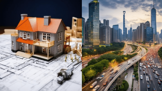 Viewing Deck Blog Model house on blueprints next to a bustling cityscape with skyscrapers and a busy highway, representing urban and residential planning. | Sky Rye Design Model house on blueprints next to a bustling cityscape with skyscrapers and a busy highway, representing urban and residential planning.