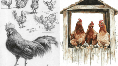 Sketches of chickens in various poses and three hens perched in a rustic coop. Detailed illustration and charming watercolor art.
