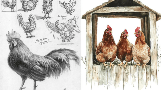 Sketches of chickens in various poses and three hens perched in a rustic coop. Detailed illustration and charming watercolor art.