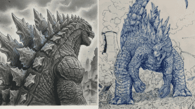 Two artistic illustrations of spiky, dinosaur-like creatures. The left is depicted in gray tones, the right in blue with smoke and structures.