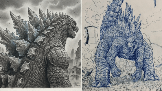 Two artistic illustrations of spiky, dinosaur-like creatures. The left is depicted in gray tones, the right in blue with smoke and structures.