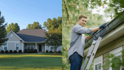 House exterior next to a person cleaning gutters on a ladder, illustrating home maintenance and curb appeal tasks.