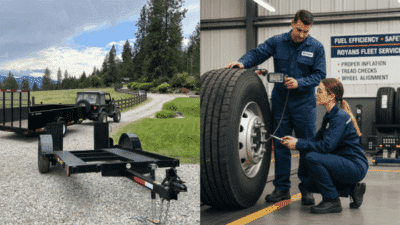 Off-road vehicle towing trailers beside tire maintenance in a workshop, showcasing outdoor adventure and automotive care services.