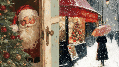 Santa peeks out from a door beside a decorated Christmas tree, while a person with an umbrella walks by a festive storefront in snow.