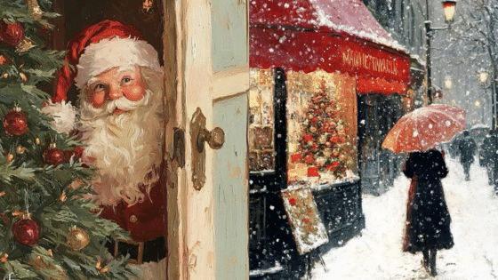 Santa peeks out from a door beside a decorated Christmas tree, while a person with an umbrella walks by a festive storefront in snow.