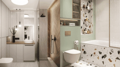 Modern bathroom design with elegant fixtures, wood accents, terrazzo elements, and soft lighting for a stylish look.