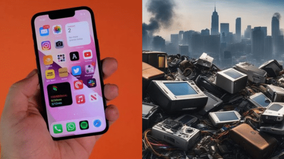Viewing Deck Blog 3 Smartphone held over orange background and e-waste pile against skyline; highlights technology evolution and environmental impact. | Sky Rye Design Smartphone held over orange background and e-waste pile against skyline; highlights technology evolution and environmental impact.
