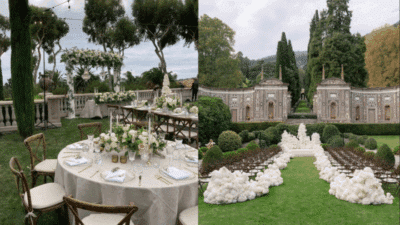 Elegant outdoor wedding setup with floral arrangements, round tables, and a grand aisle at a lavish garden venue.