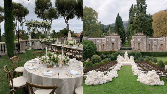 Elegant outdoor wedding setup with floral arrangements, round tables, and a grand aisle at a lavish garden venue.