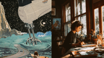 Surreal landscape with mixer and traveler, artist painting by the window in warm studio; creativity and imagination blend.