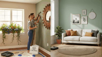 Couple painting living room wall green; stylish makeover with plants, wall art, and a cozy white couch in modern home decor setting.