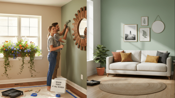 Viewing Deck Blog Couple painting living room wall green; stylish makeover with plants, wall art, and a cozy white couch in modern home decor setting. | Sky Rye Design Couple painting living room wall green; stylish makeover with plants, wall art, and a cozy white couch in modern home decor setting.