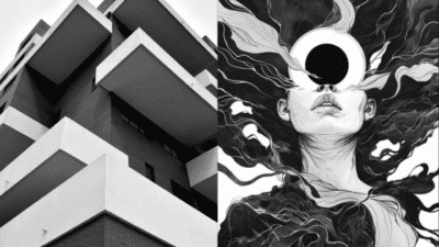 Modern architectural building with geometric lines alongside a surreal black and white illustration of a figure with swirling elements.