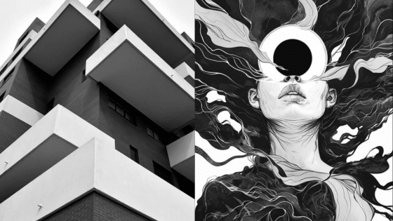 Modern architectural building with geometric lines alongside a surreal black and white illustration of a figure with swirling elements.