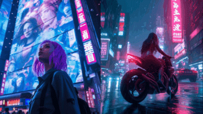 Futuristic cityscape with neon lights, a person with purple hair looks up at lit billboards while another rides a motorbike in the rain.