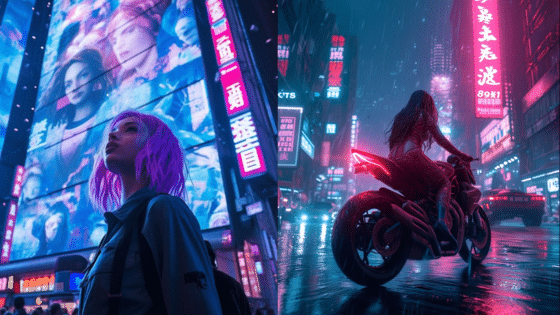 Viewing Deck Blog Futuristic cityscape with neon lights, a person with purple hair looks up at lit billboards while another rides a motorbike in the rain. | Sky Rye Design Futuristic cityscape with neon lights, a person with purple hair looks up at lit billboards while another rides a motorbike in the rain.
