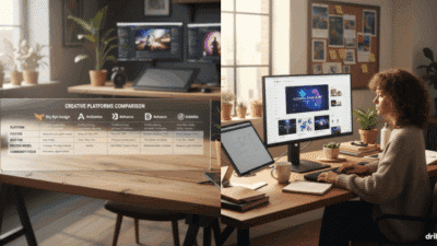 Person working on creative platform comparison, using a dual-monitor setup with plants and notes in a bright home office.