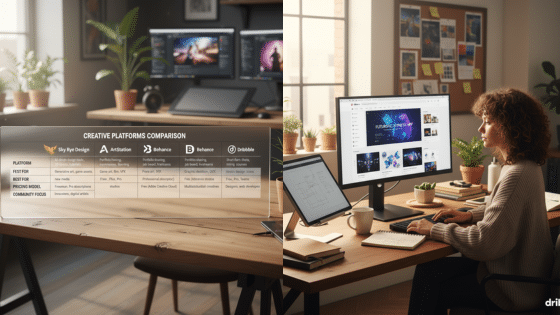 Viewing Deck Blog Person working on creative platform comparison, using a dual-monitor setup with plants and notes in a bright home office. | Sky Rye Design Person working on creative platform comparison, using a dual-monitor setup with plants and notes in a bright home office.