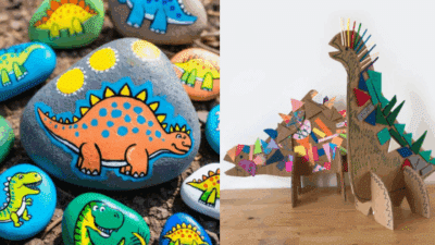 Colorful dinosaur crafts: painted stones and cardboard models, perfect for creative kids' activities and imaginative playtime.