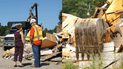 Construction workers discuss debris removal on site, with excavator clearing rubble, emphasizing efficient waste management strategies.