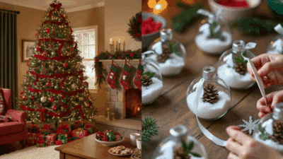 Festive Christmas tree and handmade ornaments for holiday decor with pine cones and faux snow.