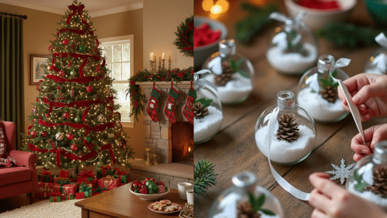 Viewing Deck Blog 4 Festive Christmas tree and handmade ornaments for holiday decor with pine cones and faux snow. | Sky Rye Design Festive Christmas tree and handmade ornaments for holiday decor with pine cones and faux snow.