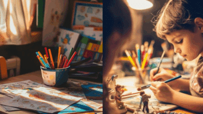 Child drawing with colored pencils at a desk, surrounded by colorful artwork and toys, under a warm lamp light.
