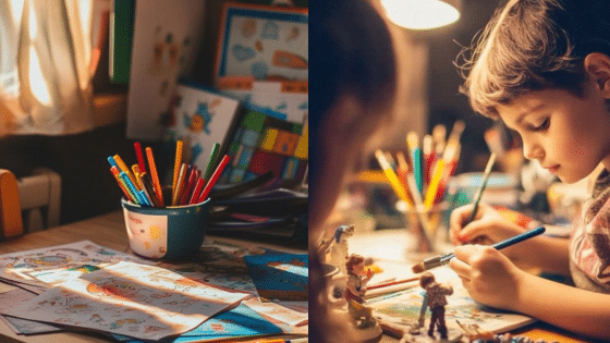 Viewing Deck Blog Child drawing with colored pencils at a desk, surrounded by colorful artwork and toys, under a warm lamp light. | Sky Rye Design Child drawing with colored pencils at a desk, surrounded by colorful artwork and toys, under a warm lamp light.
