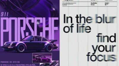 Purple Porsche 911 GT3 RS with motivational text In the blur of life find your focus on poster-style background.