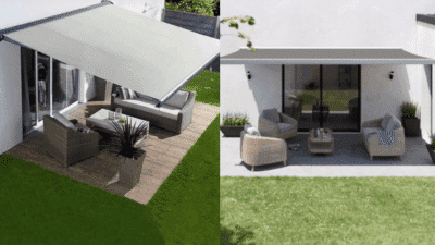 Two outdoor patios with retractable awnings and modern seating areas, perfect for relaxation or entertaining in a stylish garden setting.