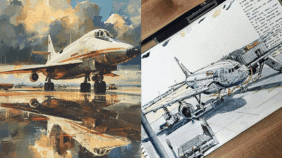 Illustrated aircraft: a jet on a reflective runway and a detailed airplane sketch at an airport gate.