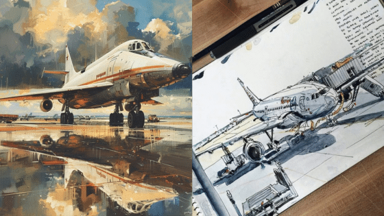 Illustrated aircraft: a jet on a reflective runway and a detailed airplane sketch at an airport gate.