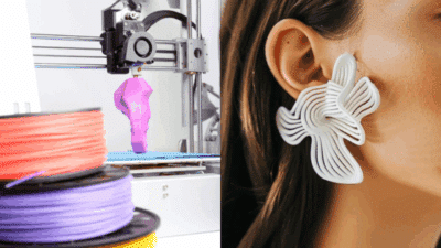 3D printer creating a design; 3D printed white earring worn by a woman. Innovation in jewelry making with 3D printing technology.