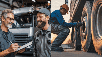 Two mechanics discuss while another inspects a truck tire at a service station, illustrating teamwork and vehicle maintenance.