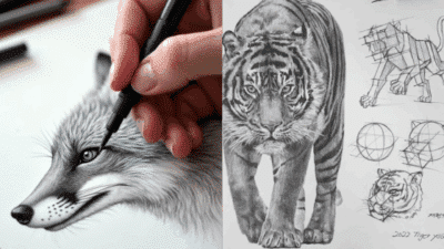 Hand drawing a wolf and detailed sketches of a tiger, showcasing artistic techniques for realistic animal illustration.