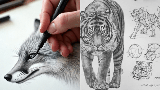Viewing Deck Blog Hand drawing a wolf and detailed sketches of a tiger, showcasing artistic techniques for realistic animal illustration. | Sky Rye Design Hand drawing a wolf and detailed sketches of a tiger, showcasing artistic techniques for realistic animal illustration.