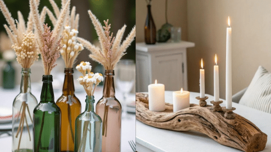 Viewing Deck Blog Decorative bottles with dried flowers and driftwood candle holder create a rustic, cozy ambience with candles in a minimalist setting. | Sky Rye Design Decorative bottles with dried flowers and driftwood candle holder create a rustic, cozy ambience with candles in a minimalist setting.