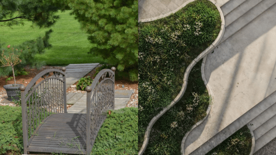 Viewing Deck Blog Decorative garden bridge with lush greenery beside curved stone steps, creating a serene outdoor space. | Sky Rye Design Decorative garden bridge with lush greenery beside curved stone steps, creating a serene outdoor space.