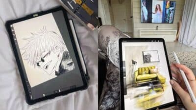 Digital art on tablets: anime sketch on left, interior design illustration on right.