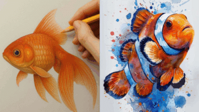 Realistic goldfish drawing on the left and a vibrant watercolor clownfish on the right, showcasing artistic styles.