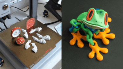 3D printer with mushroom models (left) and a colorful clay frog sculpture (right) on a black background.