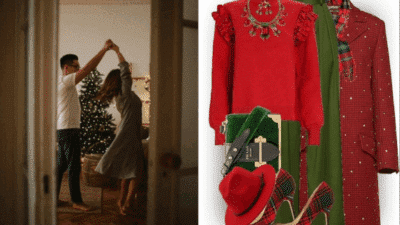 Couple dancing near Christmas tree; festive red and green clothing and accessories displayed. Holiday vibes.