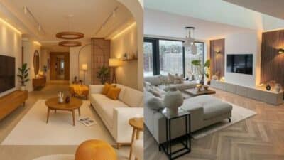 Modern living room designs with elegant furniture and warm lighting accents.