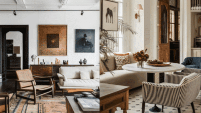 Stylish living rooms with modern and vintage decor, cozy seating, and art on walls.