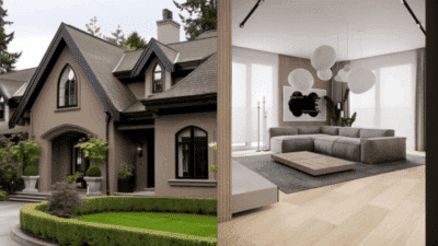 Luxurious home exterior and sleek modern living room interior design, showcasing elegance and contemporary style.