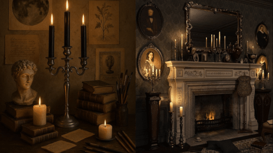 Viewing Deck Blog копия 1 Vintage room with lit candles, classical bust, stacked books, and a grand fireplace adorned with portraits and a mirror. Cozy, historic ambiance. | Sky Rye Design Vintage room with lit candles, classical bust, stacked books, and a grand fireplace adorned with portraits and a mirror. Cozy, historic ambiance.