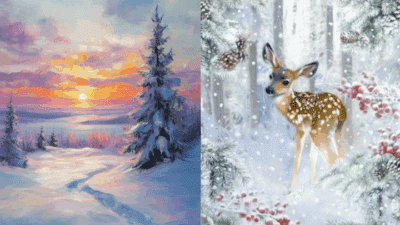 Snowy landscape with a colorful sunset on the left, and a fawn in an enchanting snowy forest surrounded by pinecones and berries on the right.