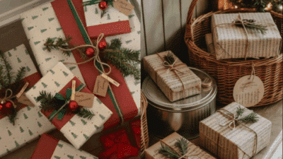 Christmas presents wrapped in festive paper with red ribbons and green decorations, arranged in baskets and on a floor.
